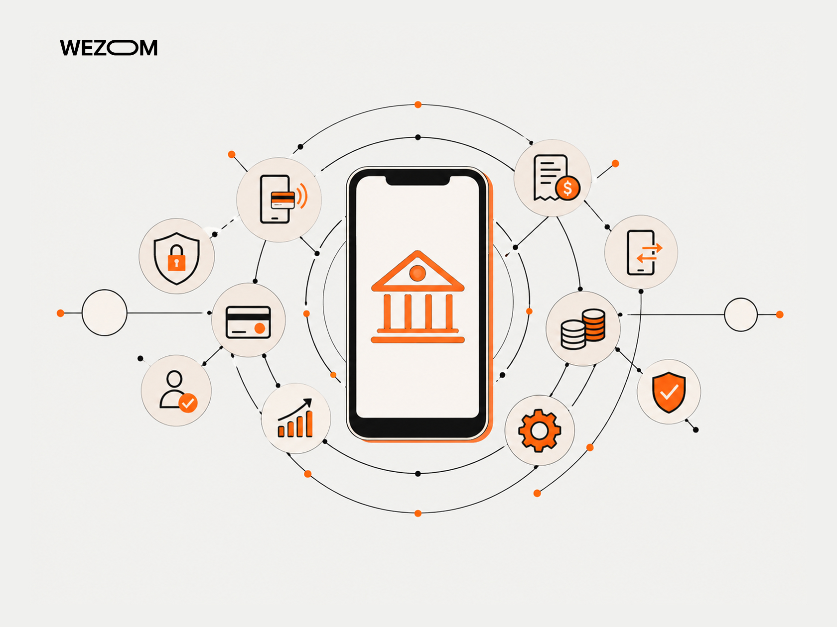 Mobile banking app development illustration featuring digital payments, account security, transactions, and financial analytics